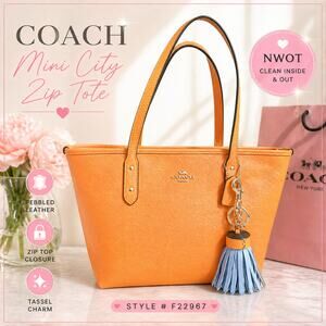 Coach City Zip Tote F22967 Orange Pebbled Leather Bag with Tassel